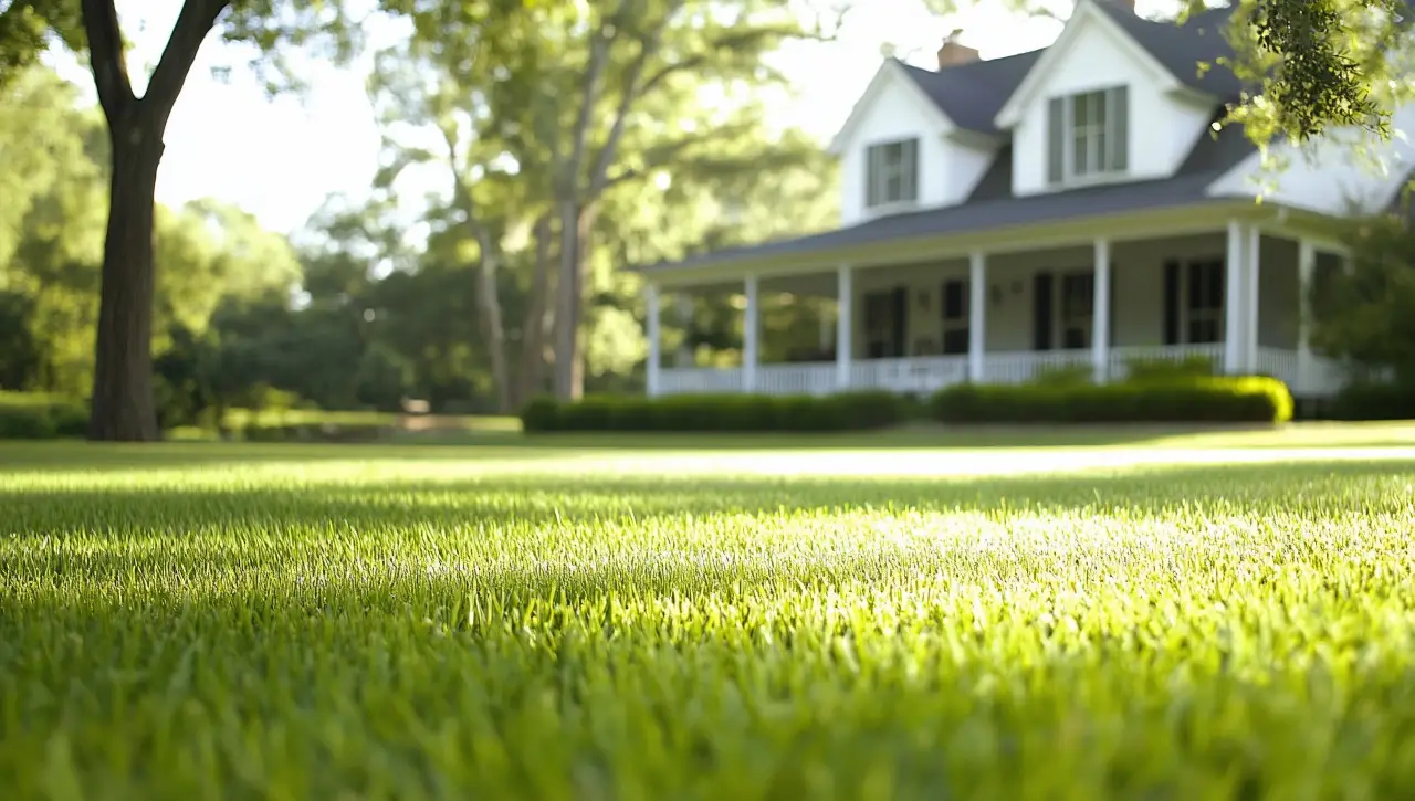 expansive yard with green grass and a cozy home in the background