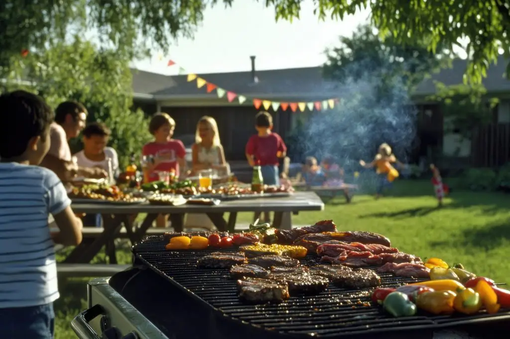 grill full of food cooking with kids around a picnic table