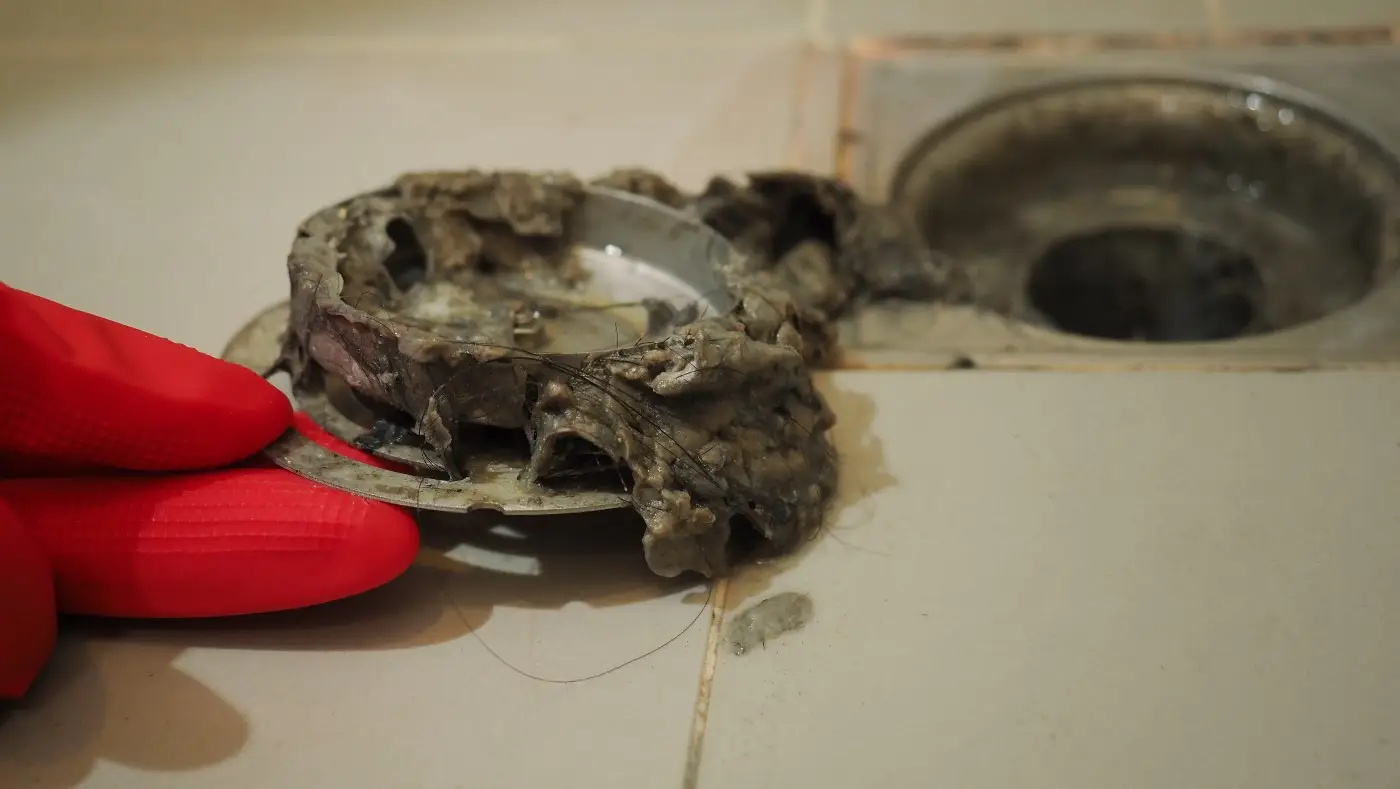 clogged drain with hair and goop